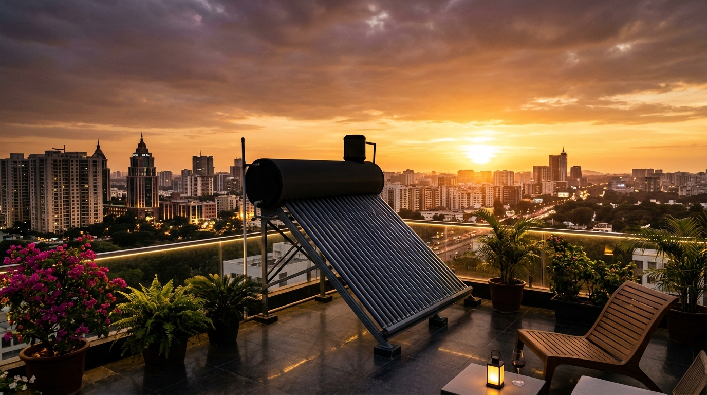 Rooftop solar water heaters collection at sunset