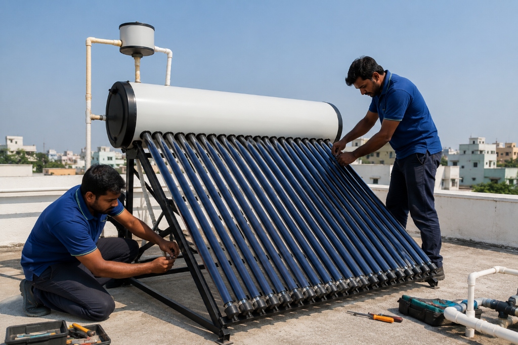 Professional technicians installing a solar water heater system