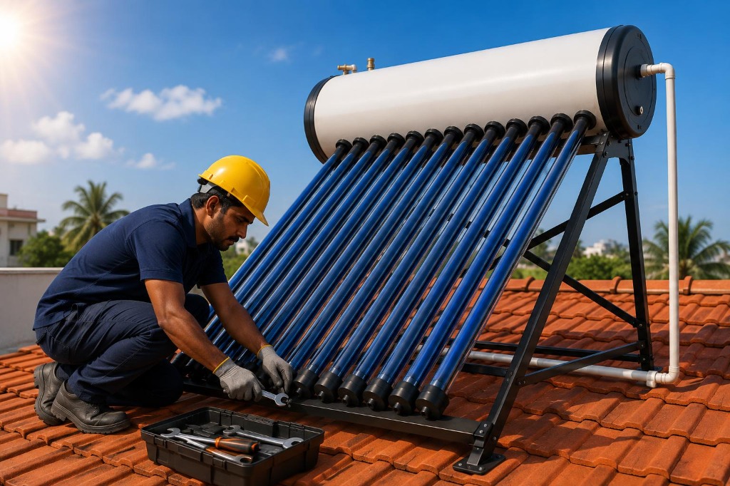 Technician installing rooftop solar water heating system