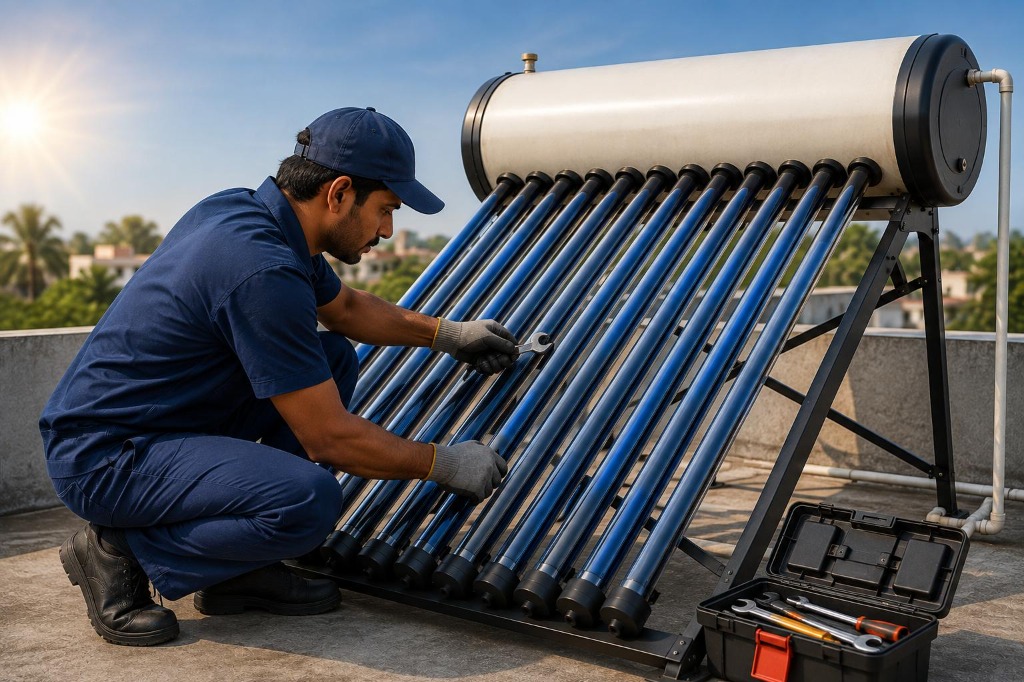 Indian technician repairing a solar water heater on a Bangalore rooftop