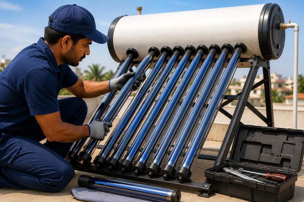 Technician replacing solar evacuated tubes on rooftop solar water heater